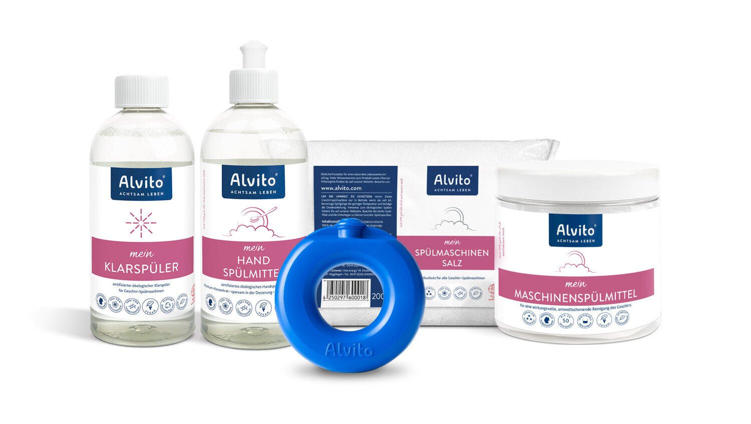 SpülSystem KomplettSet mit SpülRing, MaschinenSpülmittel 500g, SpülSalz 2.000g, KlarSpüler 500ml, HandSpülmittel 500ml und Zubehör - Fitmacher aus der Natur