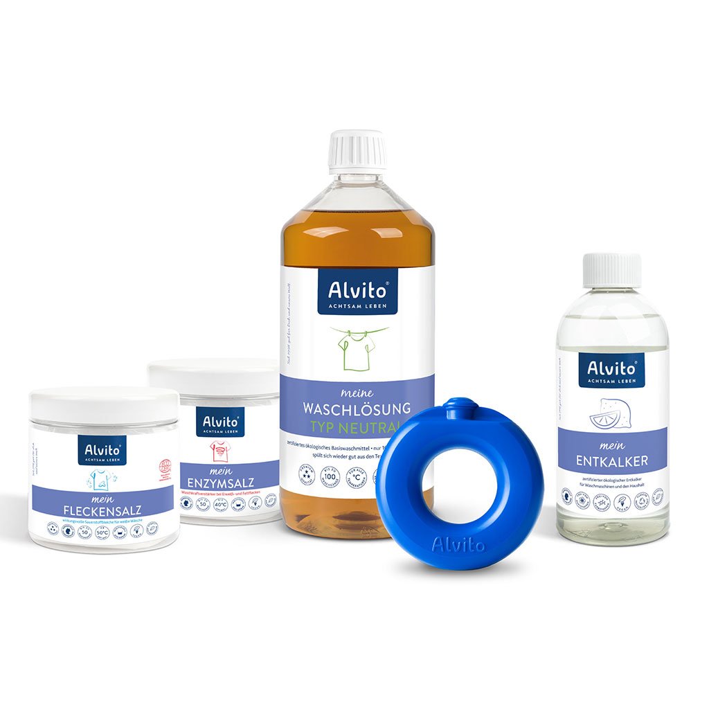 WaschSystem Komplettset Orange mit WaschRing, WaschLösung 1,0 Liter Typ Orange oder Neutral, FleckenSalz 500g, EnzymSalz 500g, Entkalker 500ml und Zubehör - Fitmacher aus der Natur