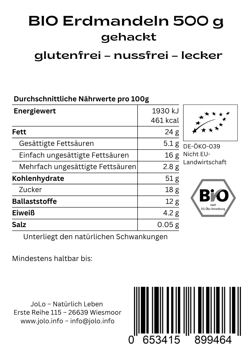 JoLo - Bio Erdmandeln - gehackt - gewürfelt - Fitmacher aus der Natur